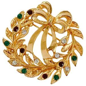 VTG Signed Eisenberg Ice Christmas Wreath Brooch Gold Tone Rhinestone Holiday